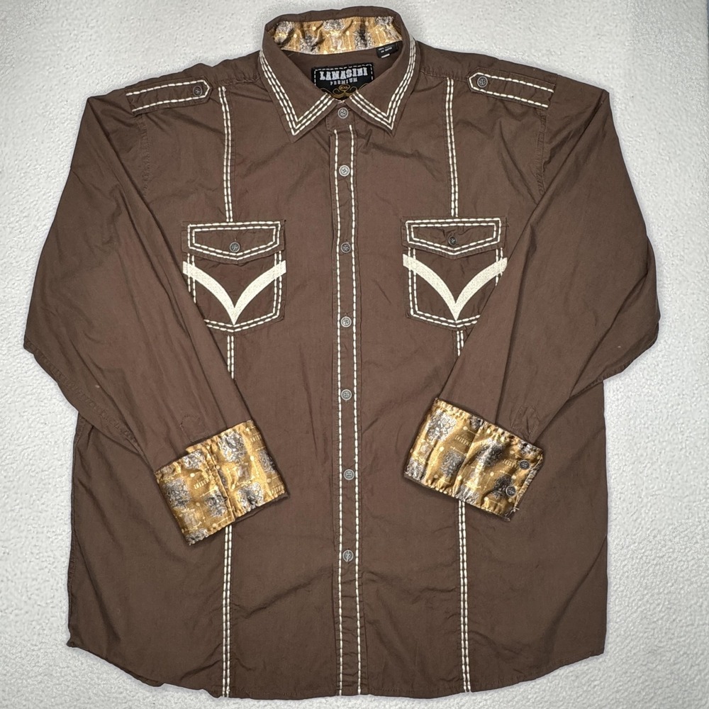 Lamasini Shirt Mens 2XL Brown Western Button Front Long Sleeve Contrast Cuffs